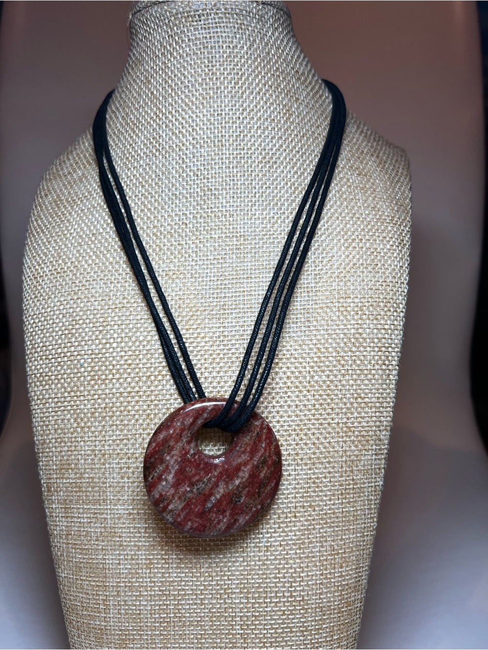 Red jasper stone donut pendant in multi black faux leather cord necklace